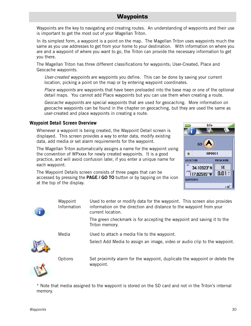 Waypoints, Waypoint detail screen overview | Magellan Triton 1500 User Manual | Page 38 / 63