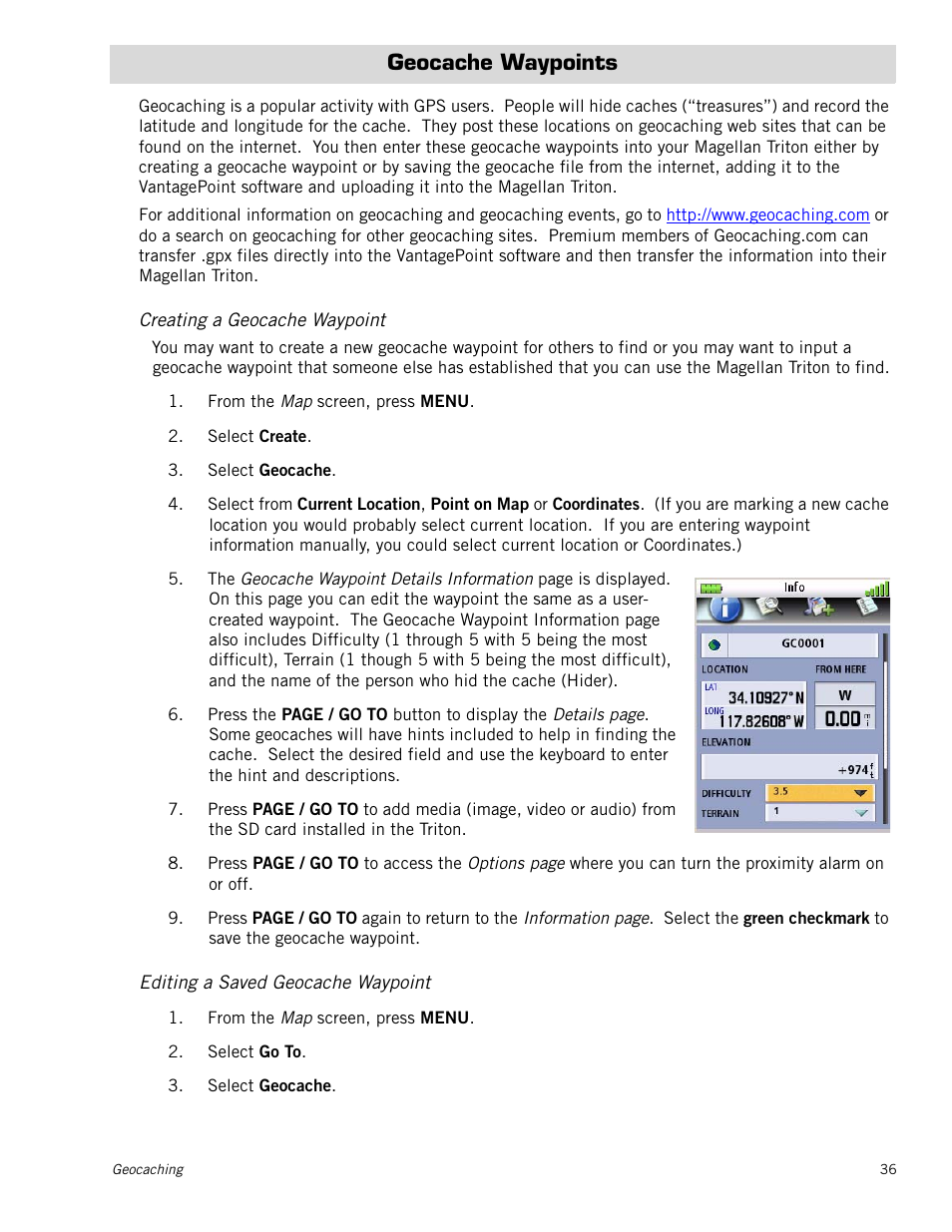 Geocache waypoints, Creating a geocache waypoint, Editing a saved geocache waypoint | Magellan Triton 1500 User Manual | Page 44 / 63