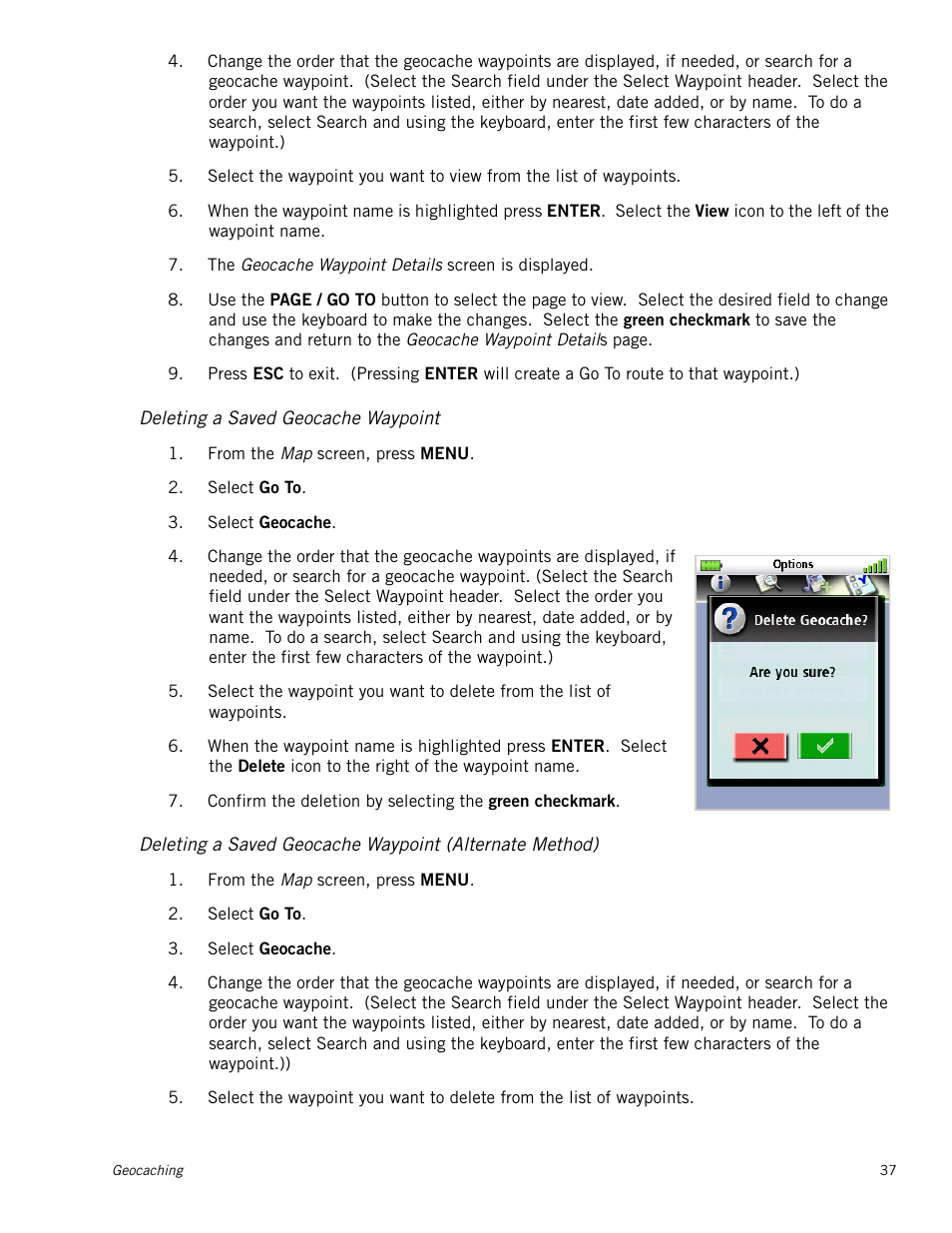 Deleting a saved geocache waypoint | Magellan Triton 1500 User Manual | Page 45 / 63