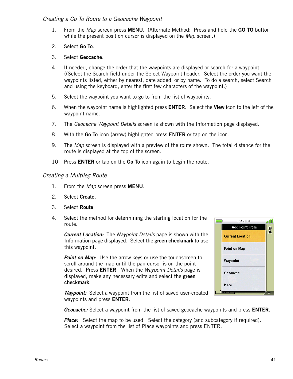 Creating a go to route to a geocache waypoint, Creating a multileg route | Magellan Triton 1500 User Manual | Page 49 / 63