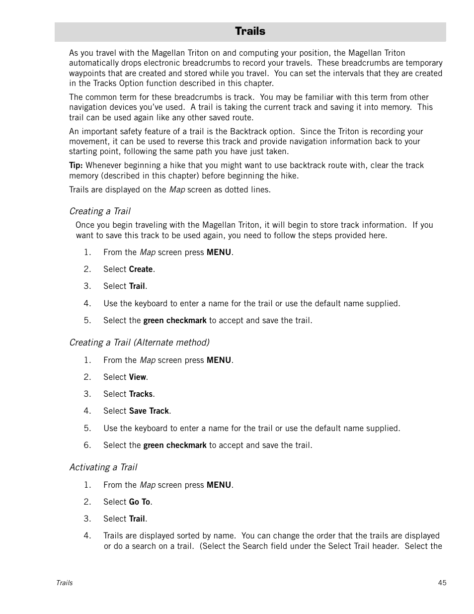 Trails, Creating a trail, Creating a trail (alternate method) | Activating a trail | Magellan Triton 1500 User Manual | Page 53 / 63