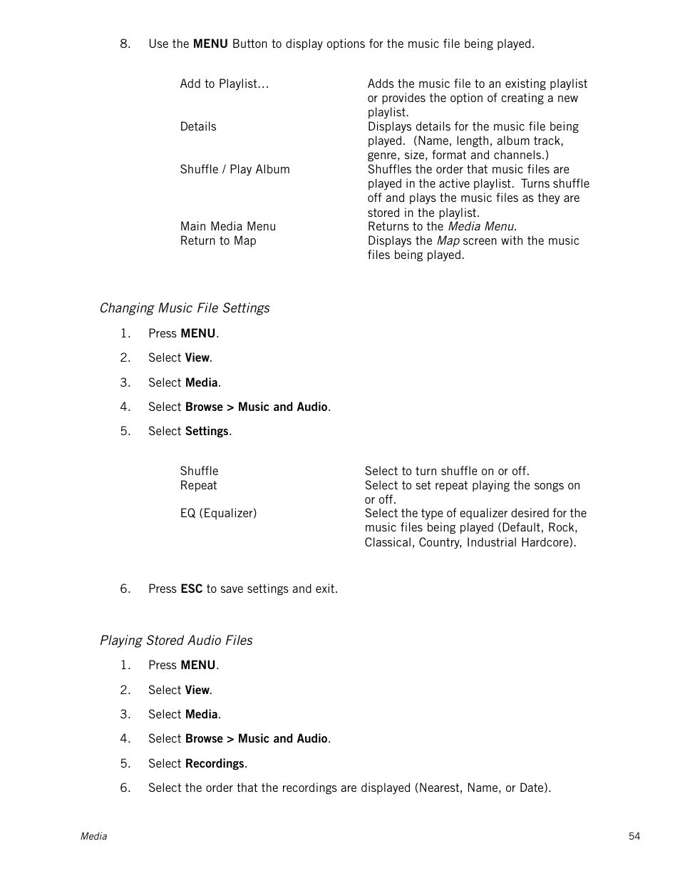 Changing music file settings, Playing stored audio files | Magellan Triton 1500 User Manual | Page 62 / 63