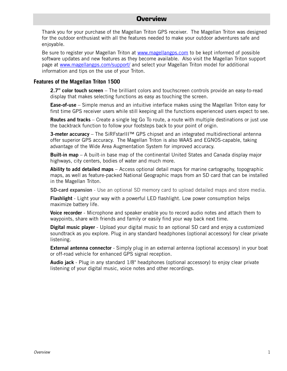Overview, Features of the magellan triton 1500 | Magellan Triton 1500 User Manual | Page 9 / 63