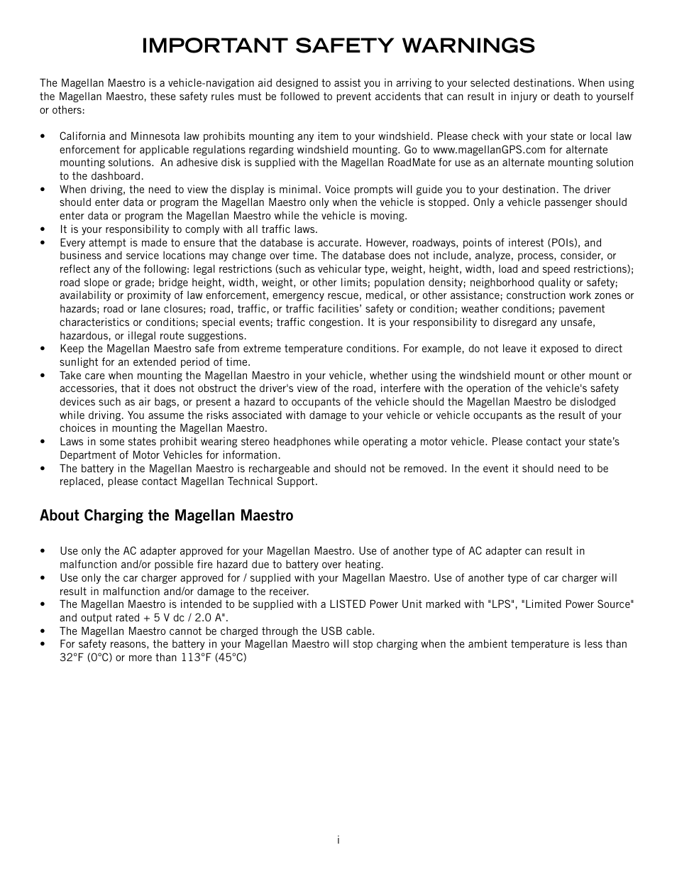 Important safety warnings, About charging the magellan maestro | Magellan Maestro 4000 User Manual | Page 2 / 75