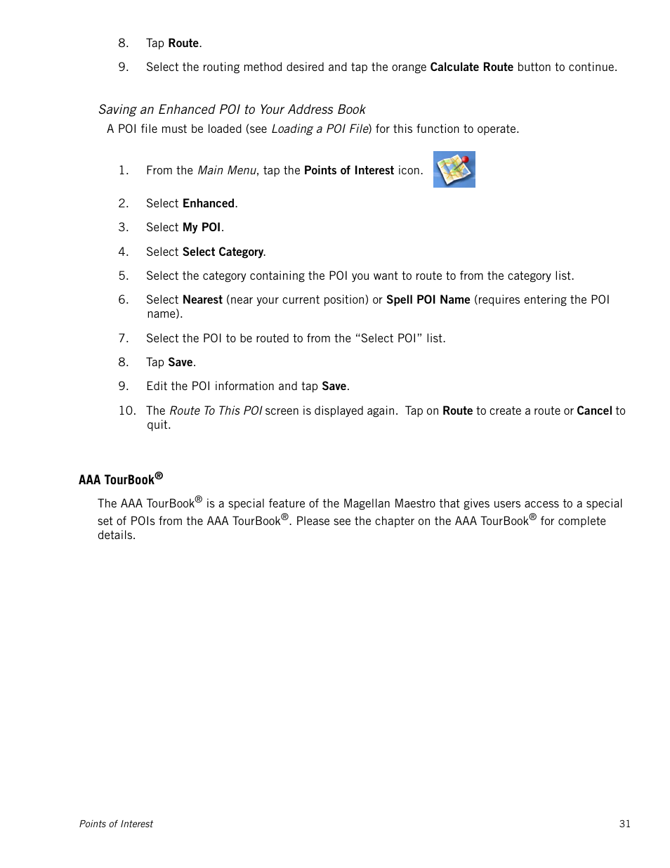 Saving an enhanced poi to your address book, Aaa tourbook | Magellan Maestro 4000 User Manual | Page 41 / 75