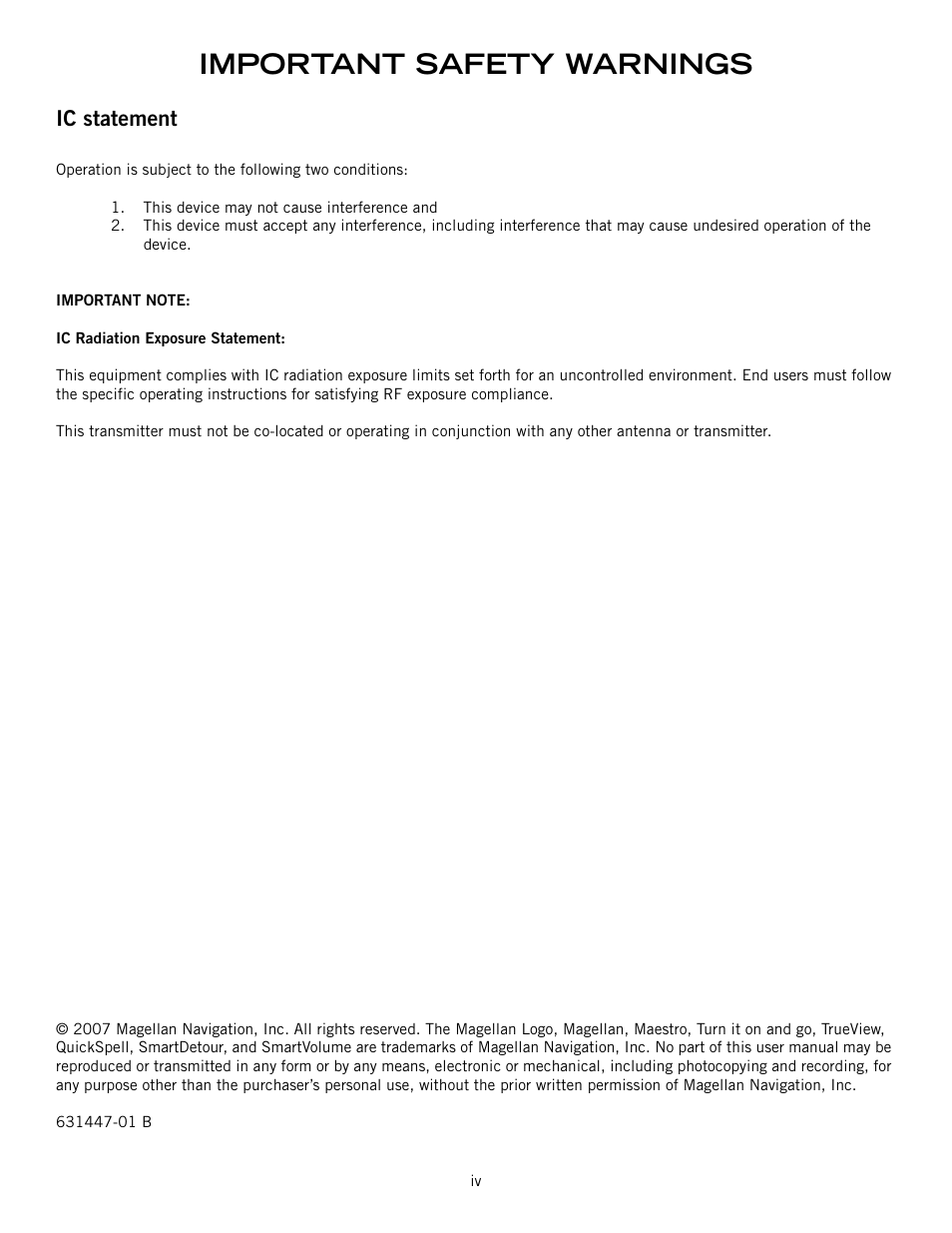 Important safety warnings, Ic statement | Magellan Maestro 4000 User Manual | Page 5 / 75