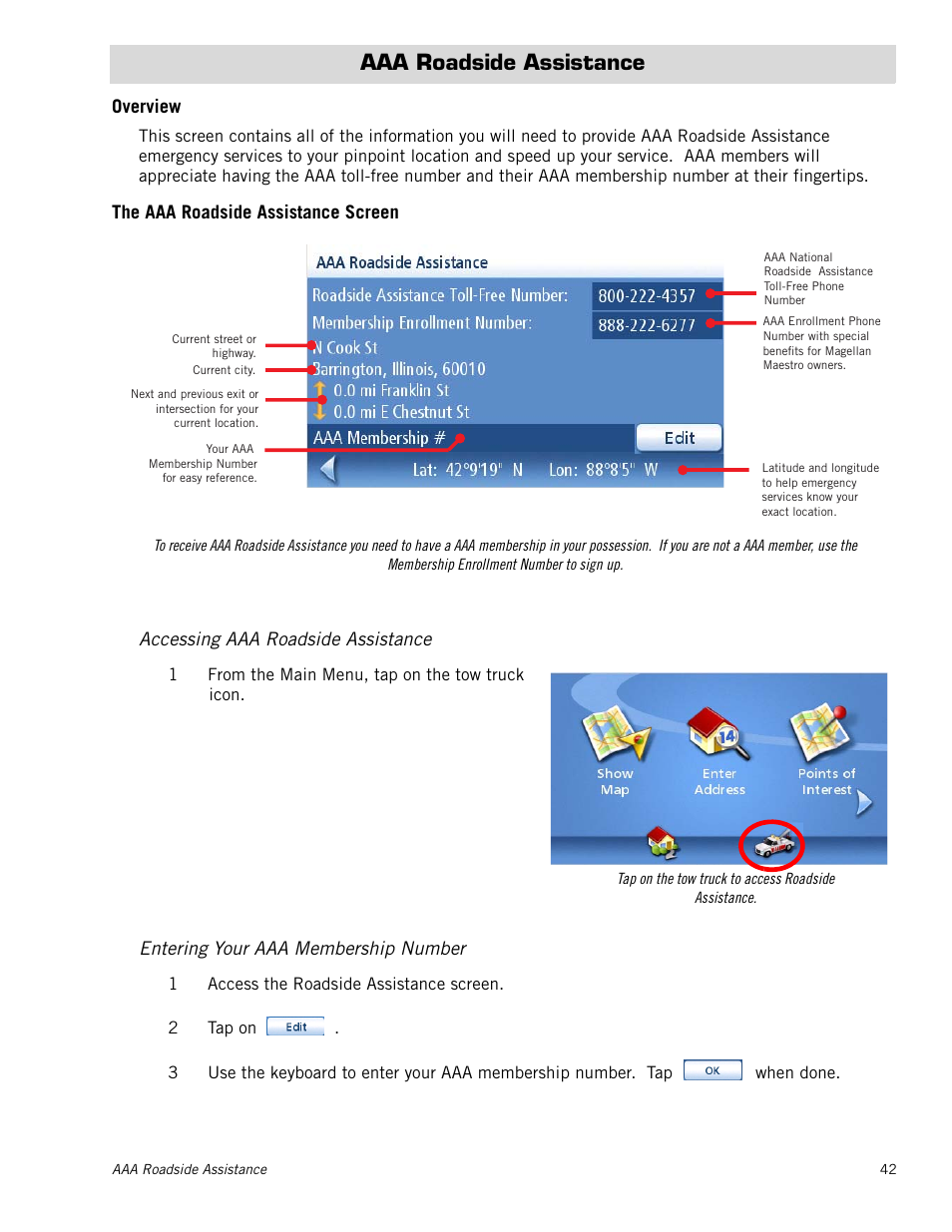 Aaa roadside assistance, Overview, The aaa roadside assistance screen | Accessing aaa roadside assistance, Entering your aaa membership number | Magellan Maestro 4000 User Manual | Page 52 / 75