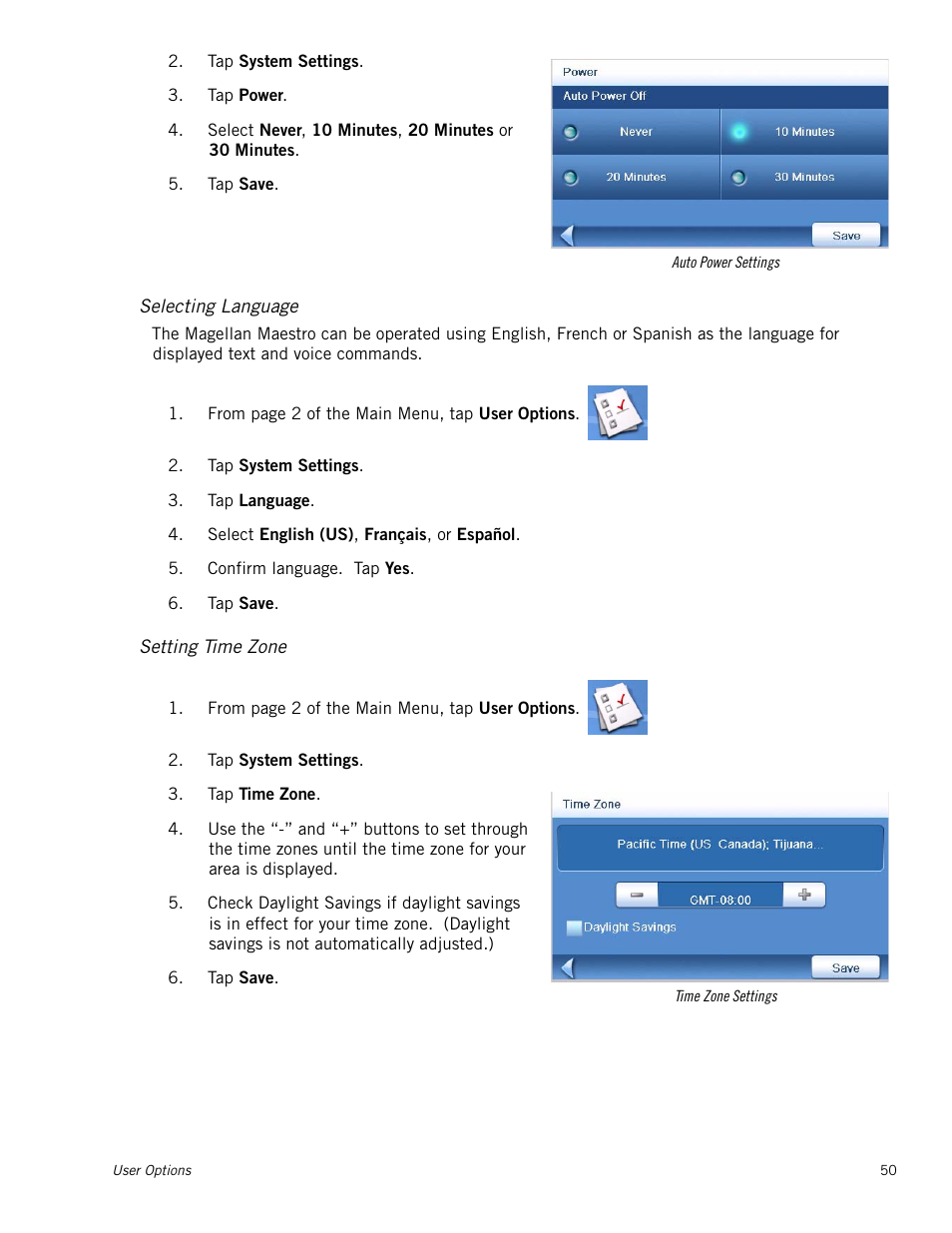 Selecting language, Setting time zone | Magellan Maestro 4000 User Manual | Page 60 / 75