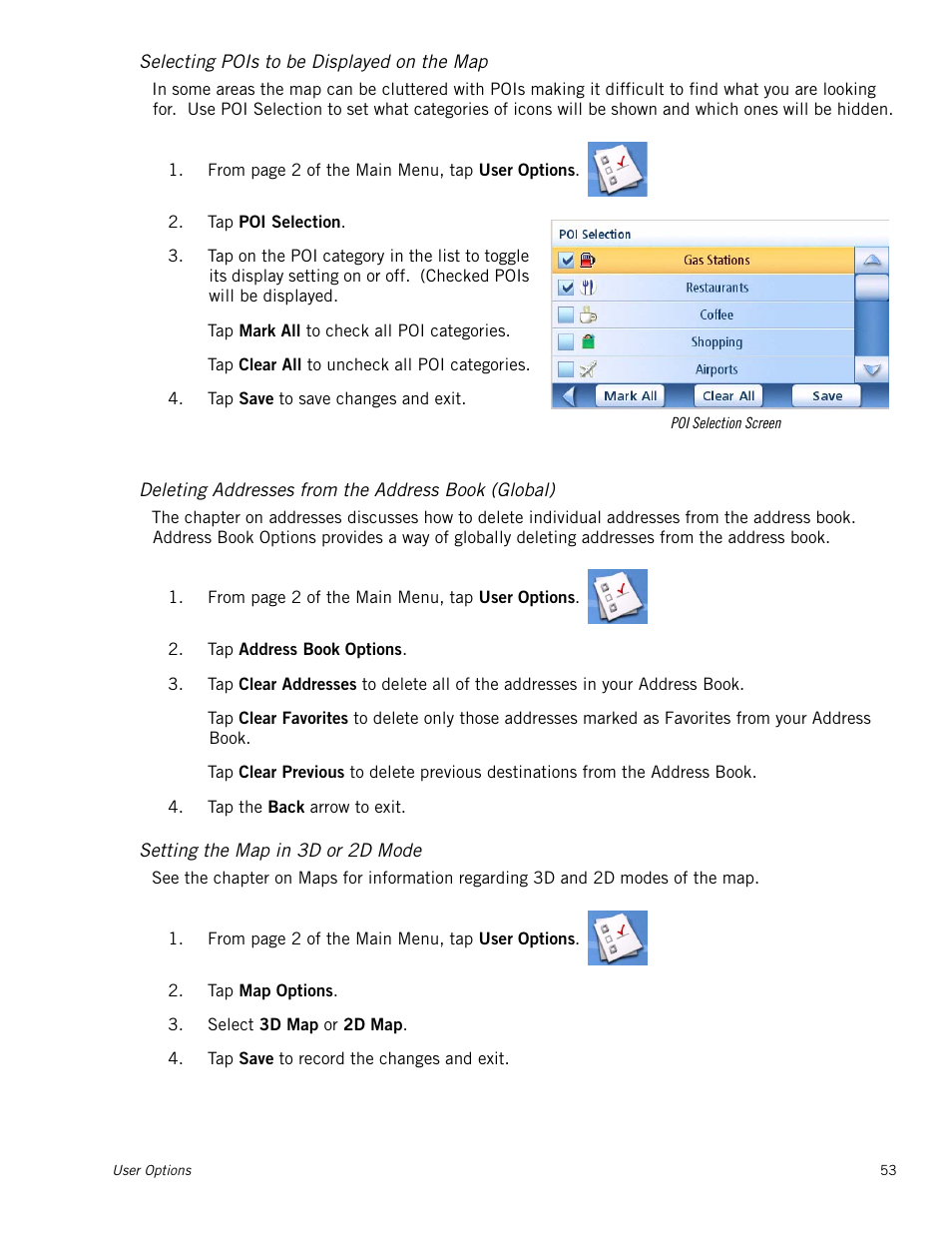 Selecting pois to be displayed on the map, Deleting addresses from the address book (global), Setting the map in 3d or 2d mode | Magellan Maestro 4000 User Manual | Page 63 / 75