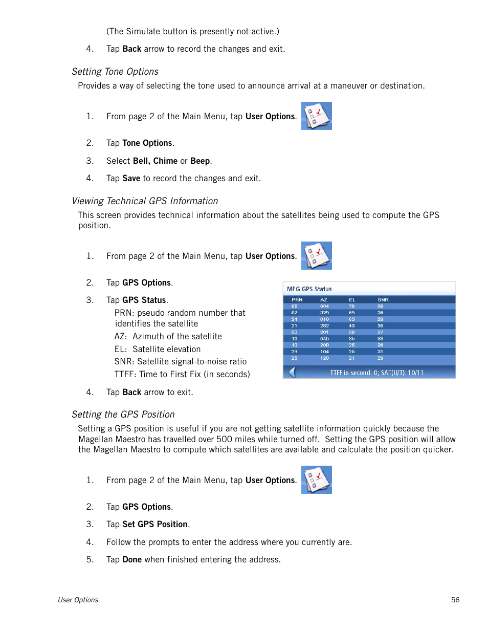 Setting tone options, Viewing technical gps information, Setting the gps position | Magellan Maestro 4000 User Manual | Page 66 / 75