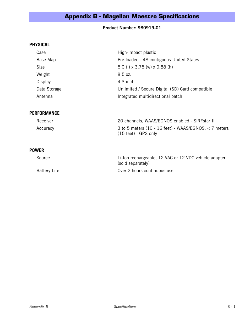 Appendix b - magellan maestro specifications, Physical, Performance | Power | Magellan Maestro 4000 User Manual | Page 72 / 75