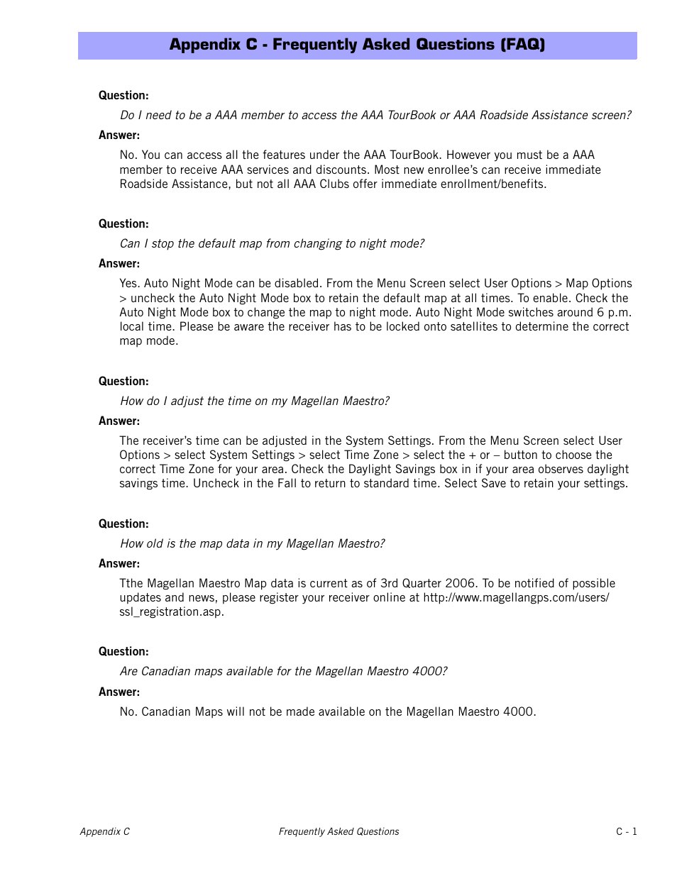 Appendix c - frequently asked questions (faq) | Magellan Maestro 4000 User Manual | Page 73 / 75