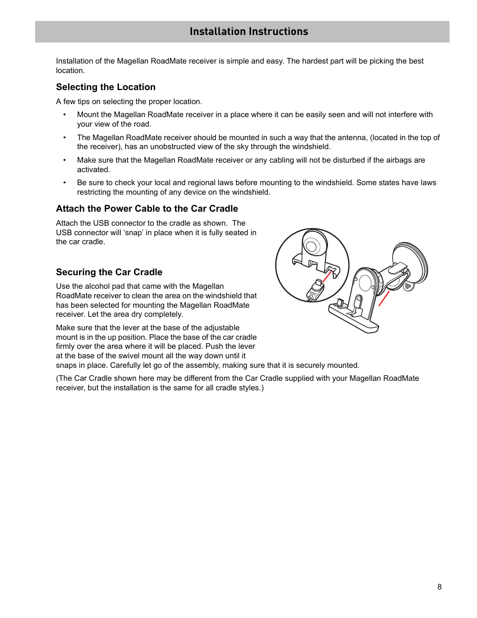 Installation instructions, Selecting the location, Attach the power cable to the car cradle | Securing the car cradle | Magellan RoadMate 2036 User Manual | Page 17 / 42