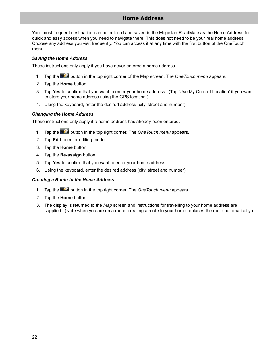 Home address, Tap the home button, Tap edit to enter editing mode | Tap the re-assign button | Magellan RoadMate 2036 User Manual | Page 31 / 42