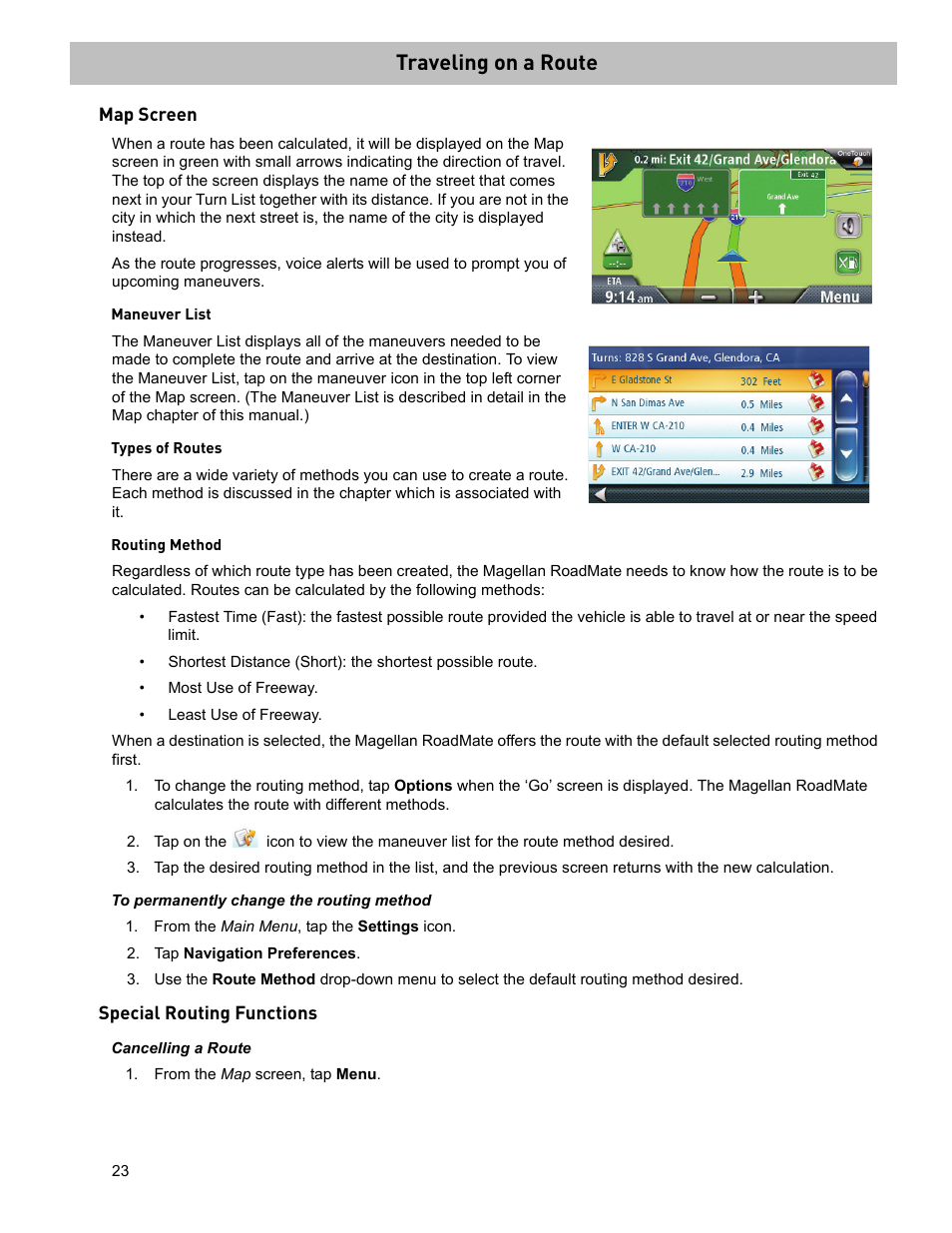 Traveling on a route, From the main menu, tap the settings icon, Tap navigation preferences | From the map screen, tap menu, Traveling on a route 2, Map screen, Maneuver list, Types of routes, Routing method, To permanently change the routing method | Magellan RoadMate 2036 User Manual | Page 32 / 42