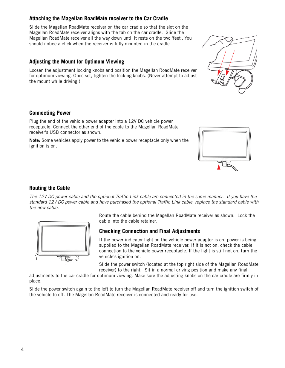 Adjusting the mount for optimum viewing, Connecting power, Routing the cable | Checking connection and final adjustments | Magellan RoadMate 1440 User Manual | Page 12 / 48