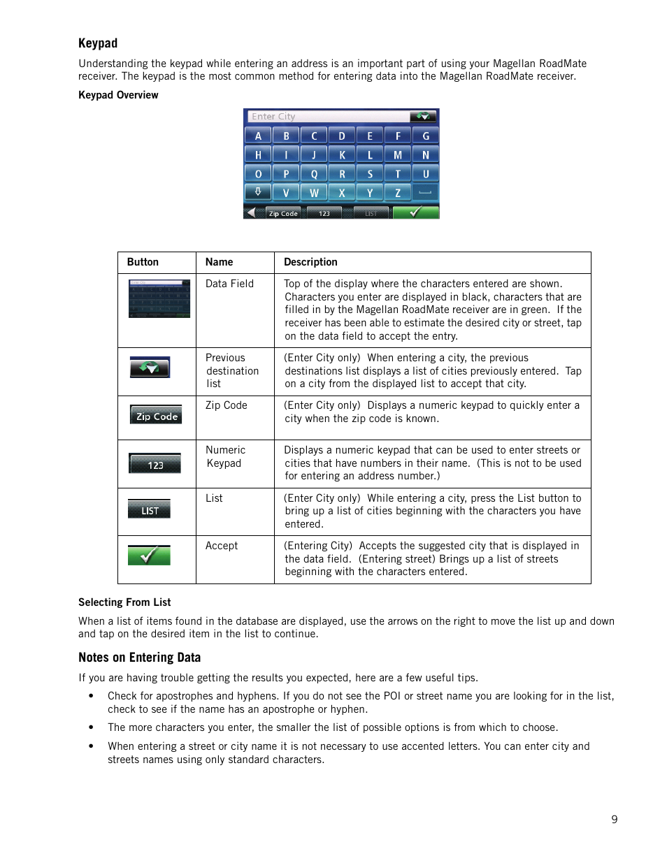 Keypad, Notes on entering data | Magellan RoadMate 1440 User Manual | Page 17 / 48