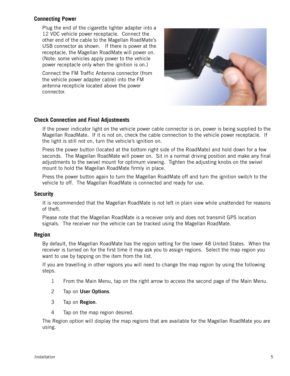 Connecting power, Check connection and final adjustments, Security | Region | Magellan RoadMate 1230 User Manual | Page 14 / 68