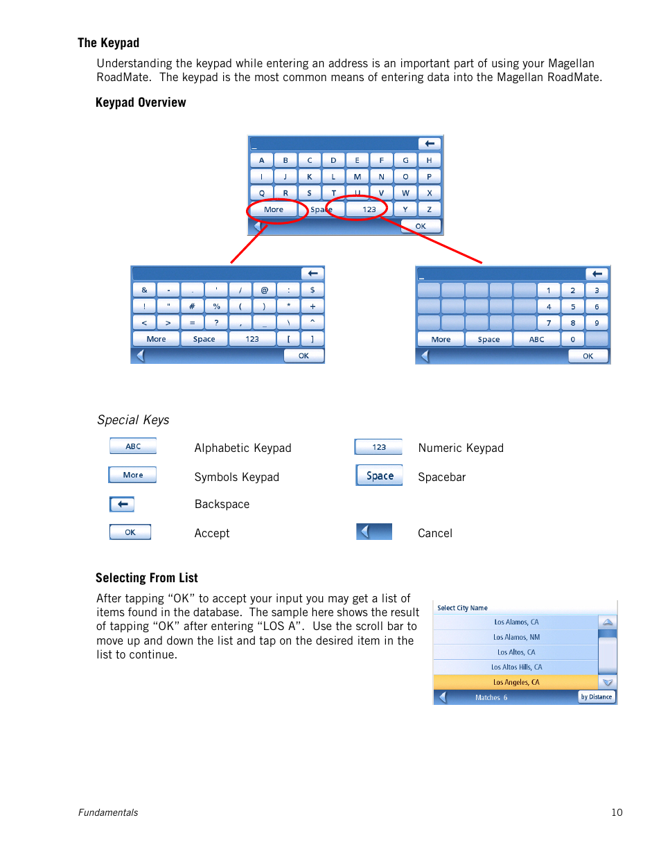 The keypad, Special keys, Keypad overview | Selecting from list | Magellan RoadMate 1230 User Manual | Page 19 / 68