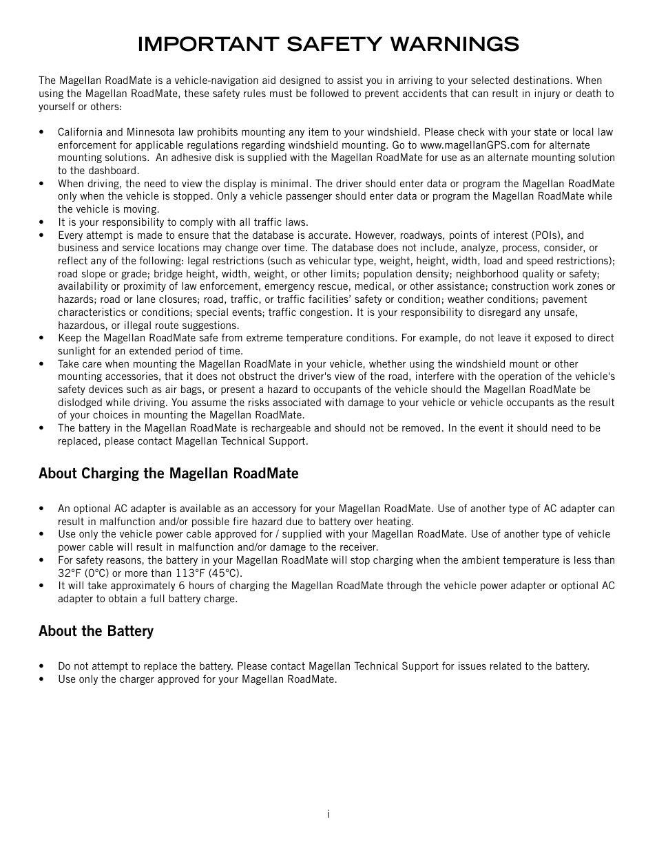 Important safety warnings, About charging the magellan roadmate, About the battery | Magellan RoadMate 1230 User Manual | Page 2 / 68