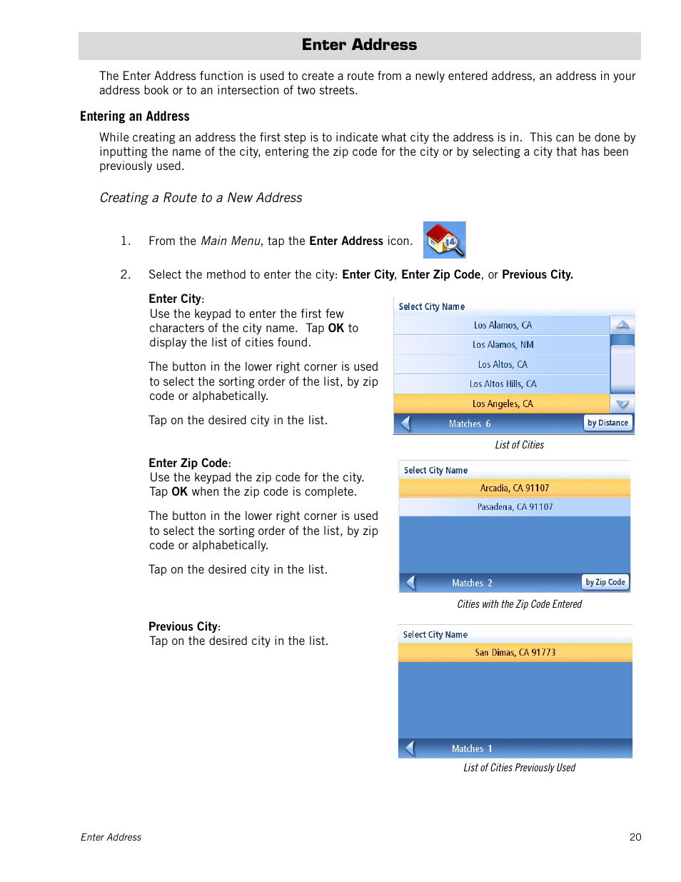 Enter address, Entering an address, Creating a route to a new address | Magellan RoadMate 1230 User Manual | Page 29 / 68