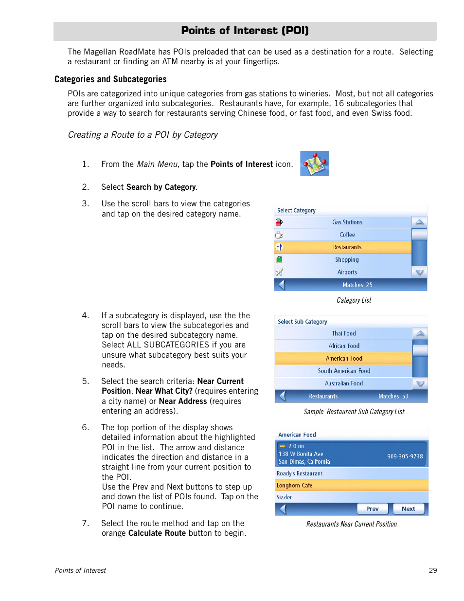 Points of interest (poi), Categories and subcategories, Creating a route to a poi by category | Magellan RoadMate 1230 User Manual | Page 38 / 68