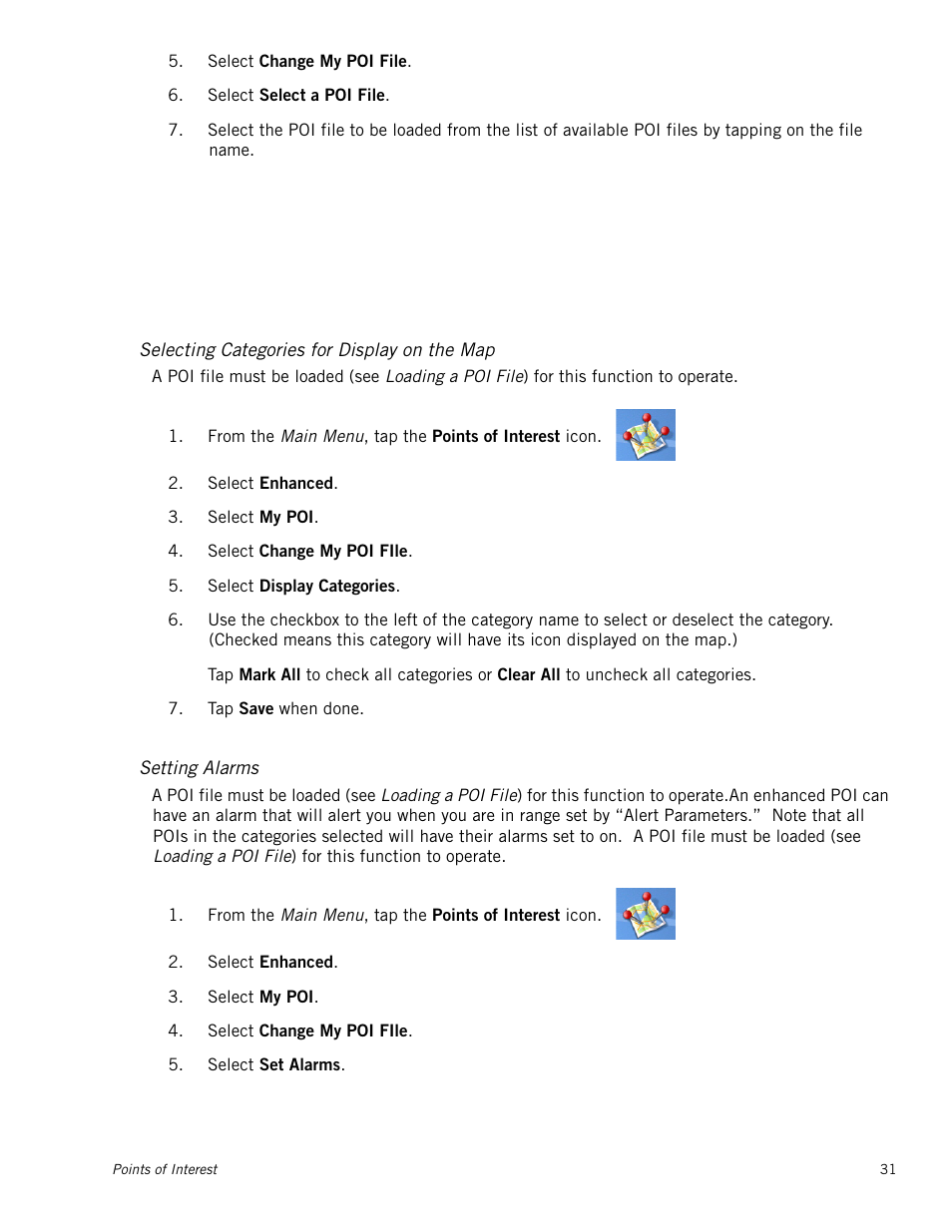 Selecting categories for display on the map, Setting alarms | Magellan RoadMate 1230 User Manual | Page 40 / 68