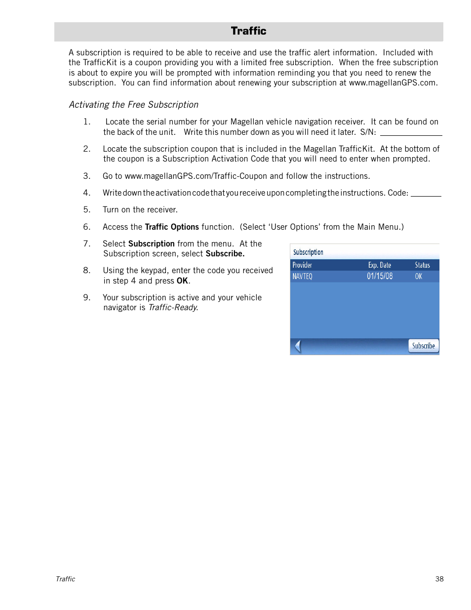 Traffic, Activating the free subscription | Magellan RoadMate 1230 User Manual | Page 47 / 68