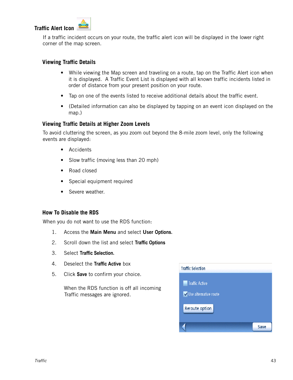 Traffic alert icon, Viewing traffic details, Viewing traffic details at higher zoom levels | How to disable the rds | Magellan RoadMate 1230 User Manual | Page 52 / 68