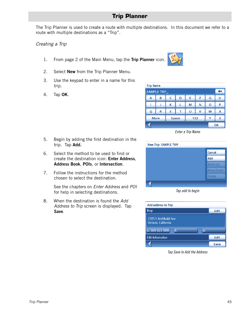 Trip planner, Creating a trip | Magellan RoadMate 1230 User Manual | Page 54 / 68