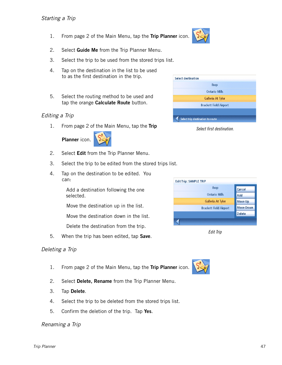 Starting a trip, Editing a trip, Deleting a trip | Renaming a trip | Magellan RoadMate 1230 User Manual | Page 56 / 68