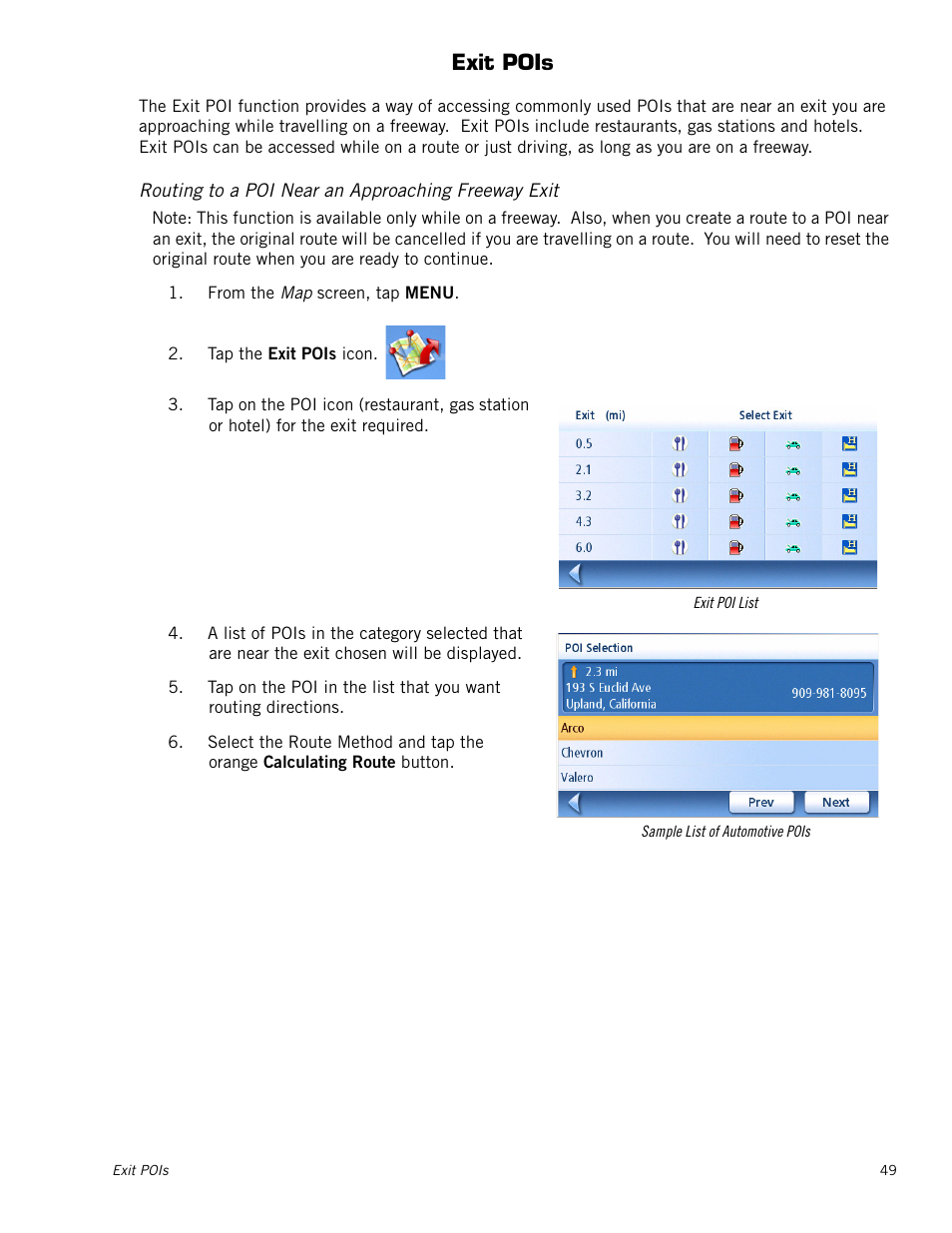 Exit pois, Routing to a poi near an approaching freeway exit | Magellan RoadMate 1230 User Manual | Page 58 / 68