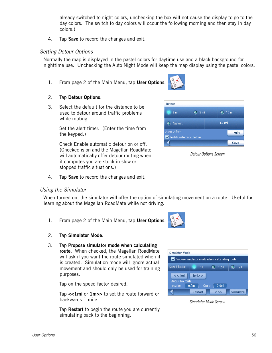 Setting detour options, Using the simulator | Magellan RoadMate 1230 User Manual | Page 65 / 68