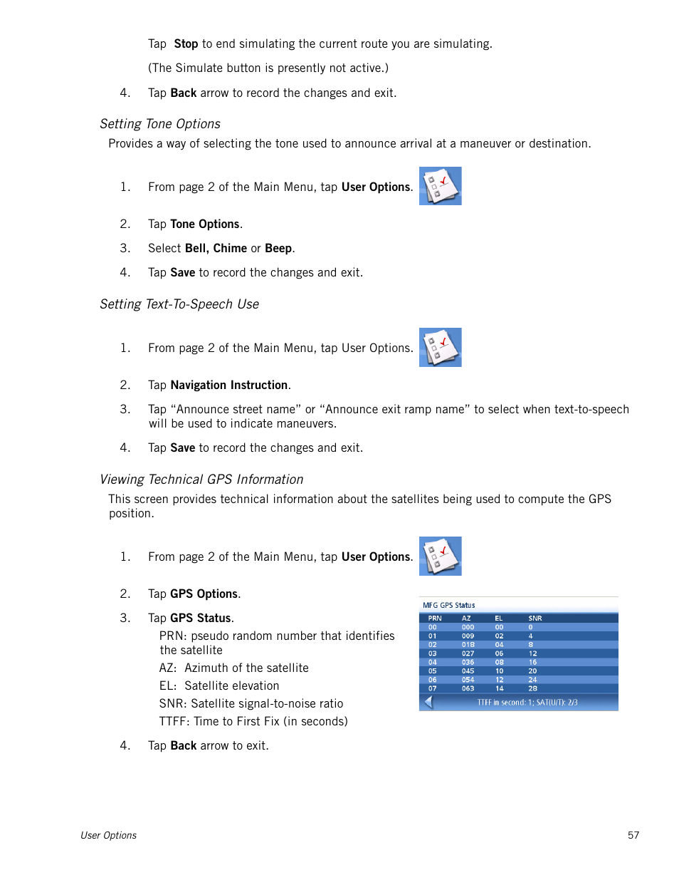 Setting tone options, Setting text-to-speech use, Viewing technical gps information | Magellan RoadMate 1230 User Manual | Page 66 / 68