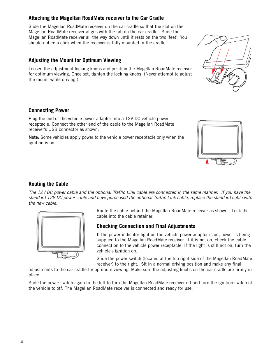 Adjusting the mount for optimum viewing, Connecting power, Routing the cable | Checking connection and final adjustments | Magellan RoadMate 1340 User Manual | Page 12 / 44