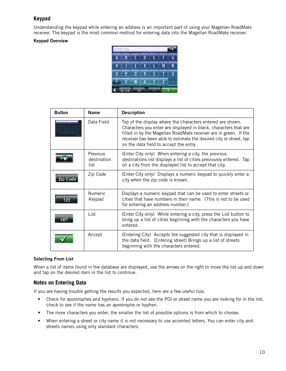 Keypad, Notes on entering data | Magellan RoadMate 1340 User Manual | Page 18 / 44