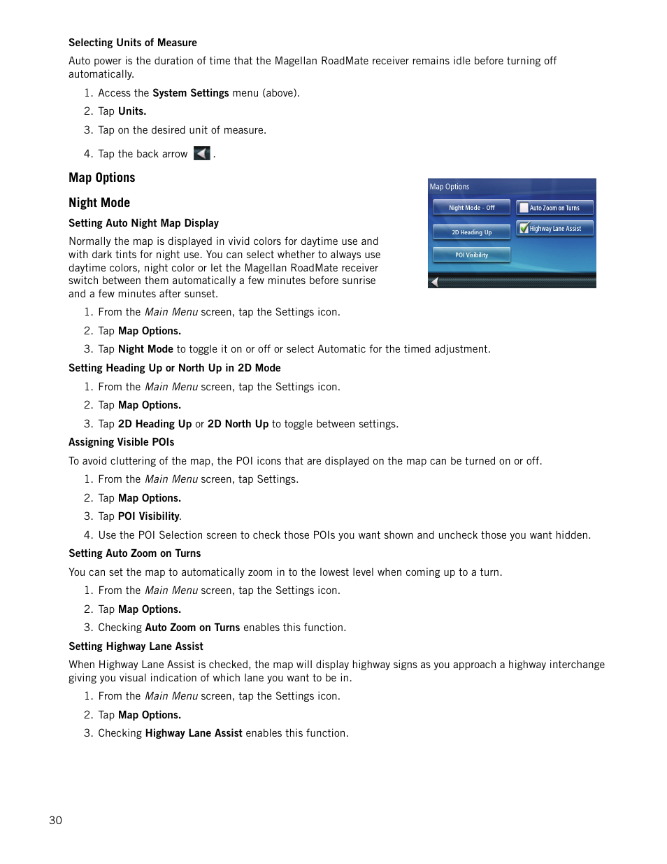 Selecting units of measure, Map options, Night mode | Setting auto night map display, Setting heading up or north up in 2d mode, Assigning visible pois, Setting auto zoom on turns, Setting highway lane assist | Magellan RoadMate 1340 User Manual | Page 38 / 44