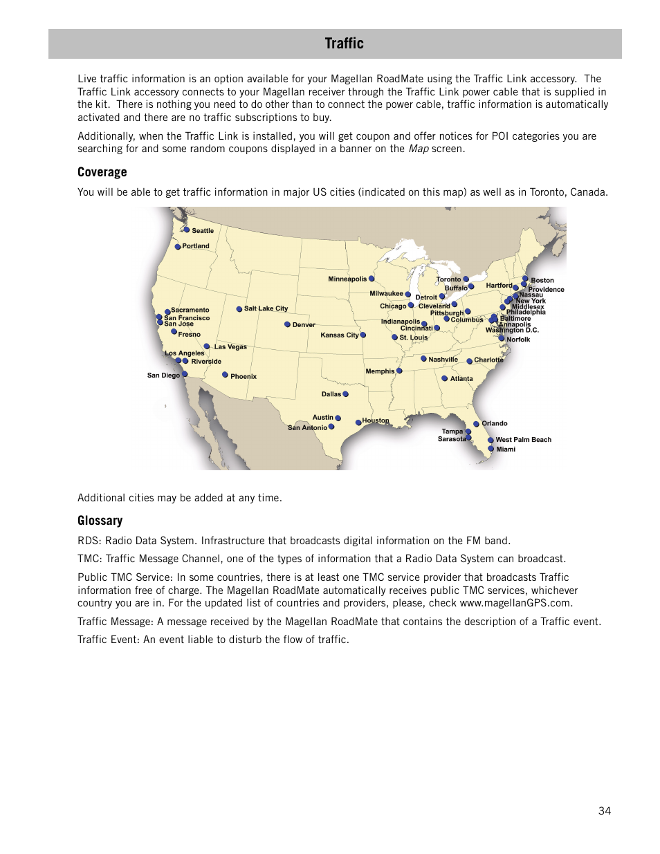 Traffic, Coverage, Glossary | Magellan RoadMate 1340 User Manual | Page 42 / 44
