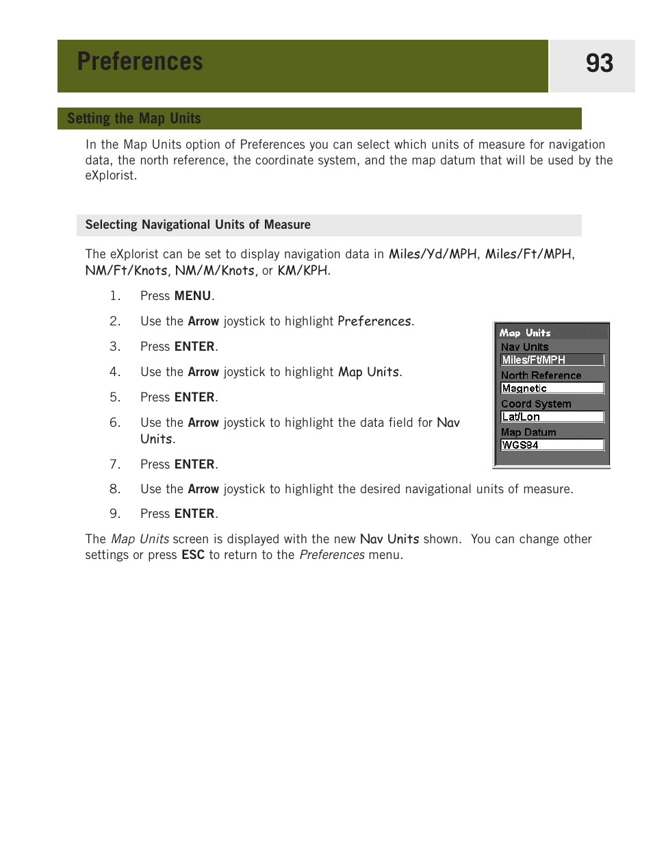 Setting the map units, Selecting navigational units of measure, Preferences 93 | Magellan eXplorist 400 User Manual | Page 100 / 119