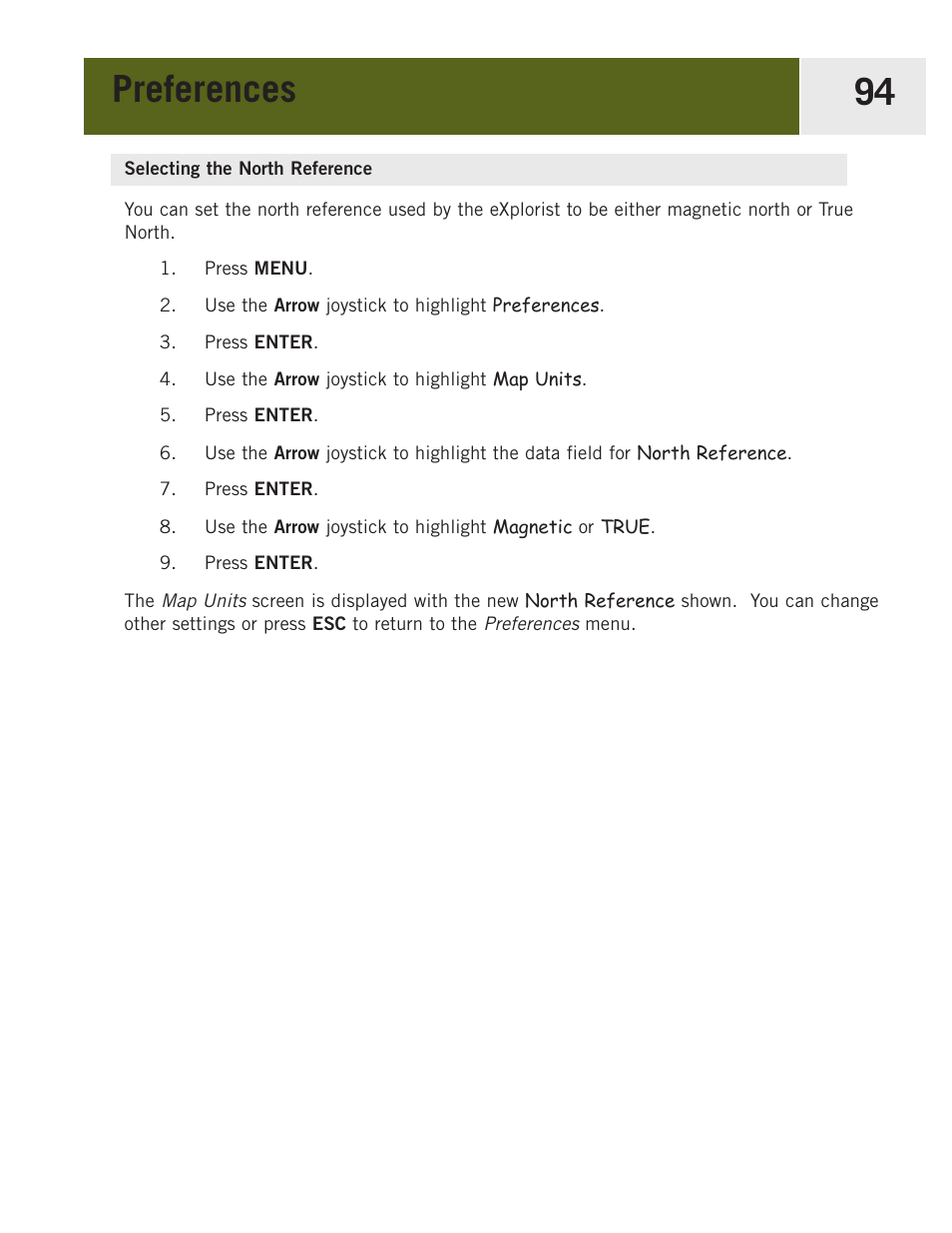 Selecting the north reference, Preferences 94 | Magellan eXplorist 400 User Manual | Page 101 / 119