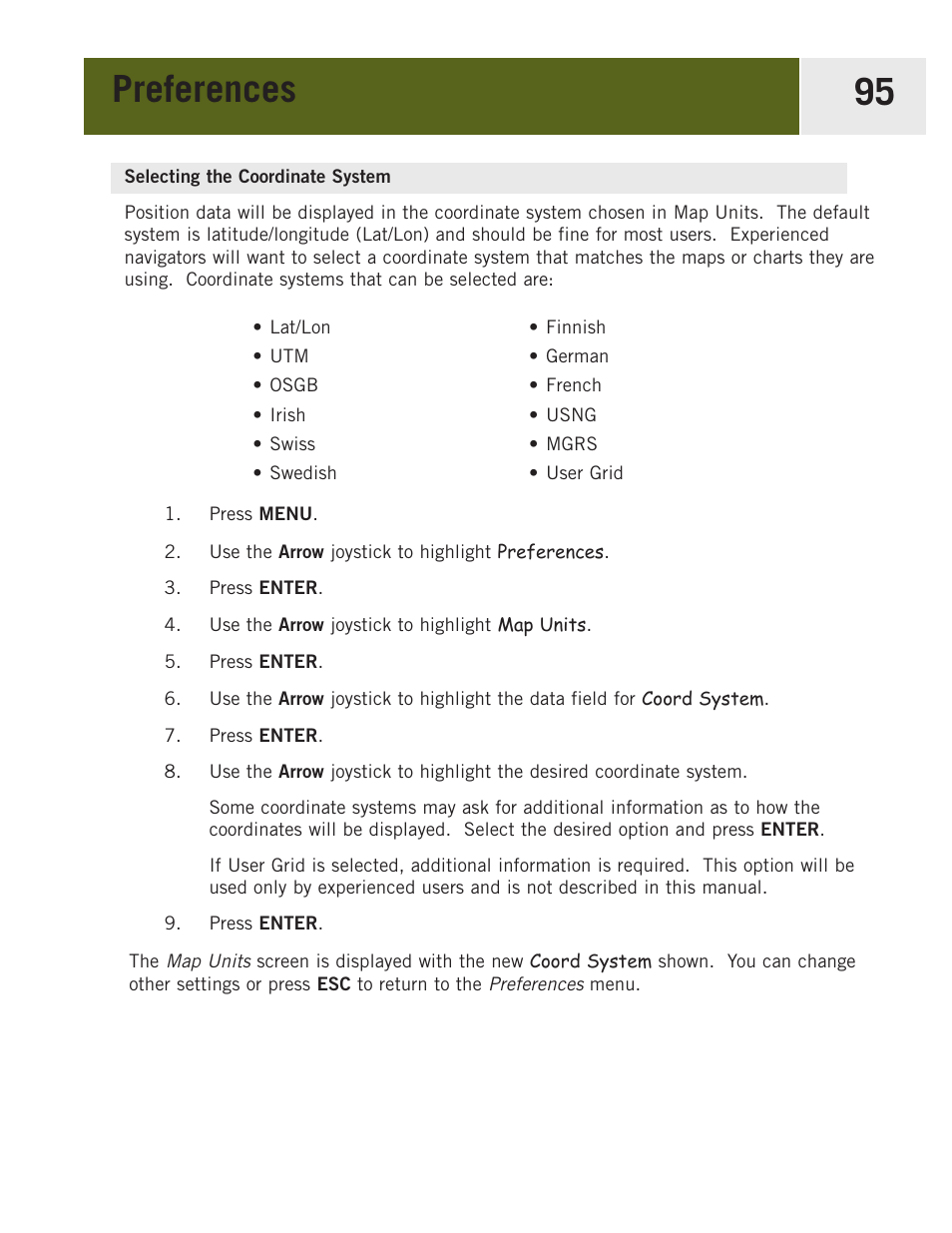 Selecting the coordinate system, Preferences 95 | Magellan eXplorist 400 User Manual | Page 102 / 119