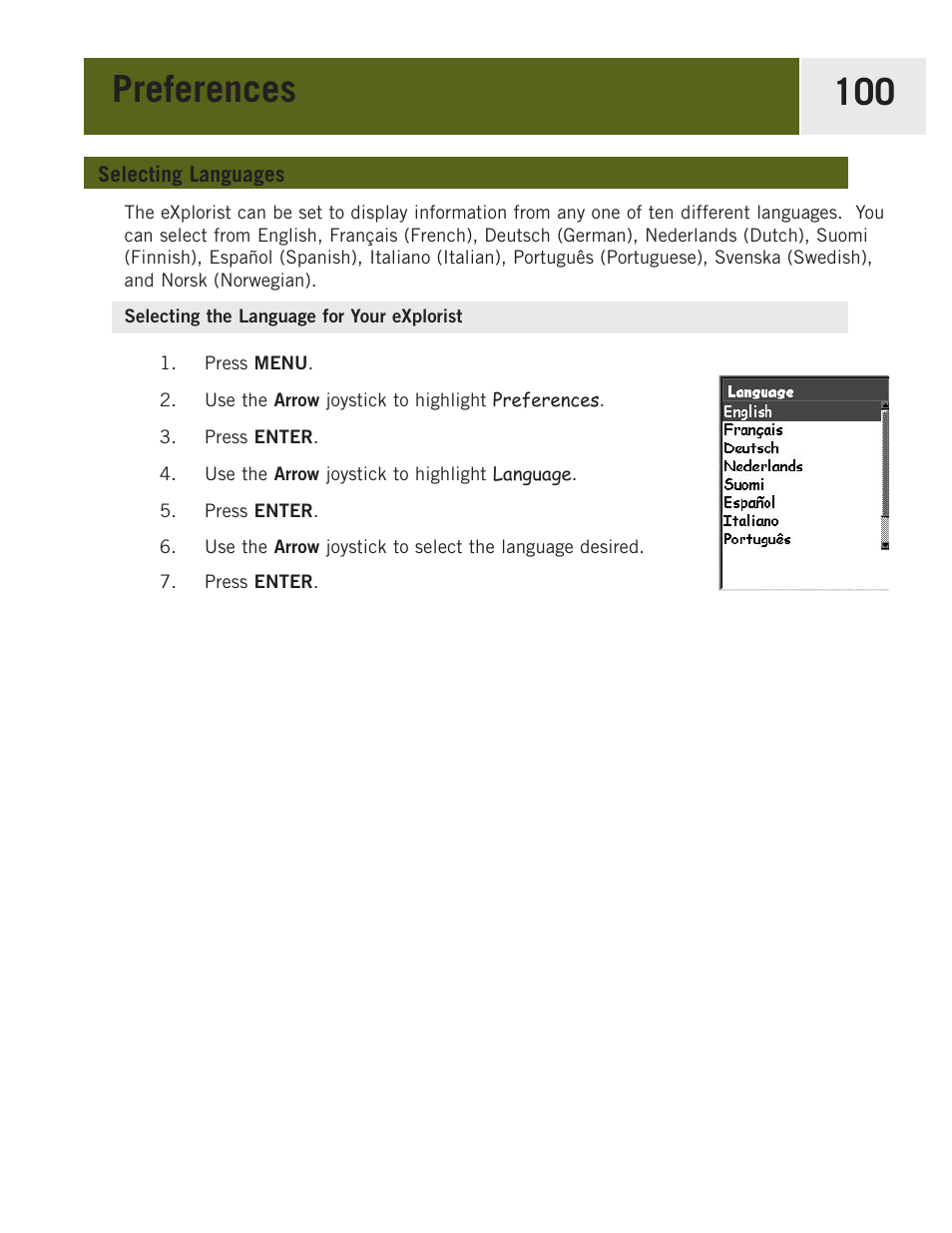 Selecting languages, Selecting the language for your explorist, Preferences 100 | Magellan eXplorist 400 User Manual | Page 107 / 119