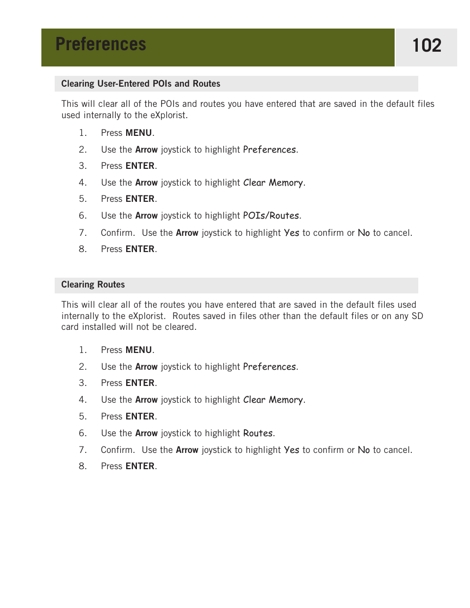 Clearing user-entered pois and routes, Clearing routes, Preferences 102 | Magellan eXplorist 400 User Manual | Page 109 / 119