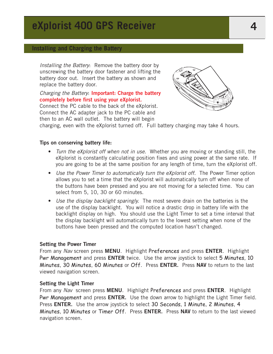 Installing/charging the battery, Installing and charging the battery, Explorist 400 gps receiver 4 | Magellan eXplorist 400 User Manual | Page 11 / 119