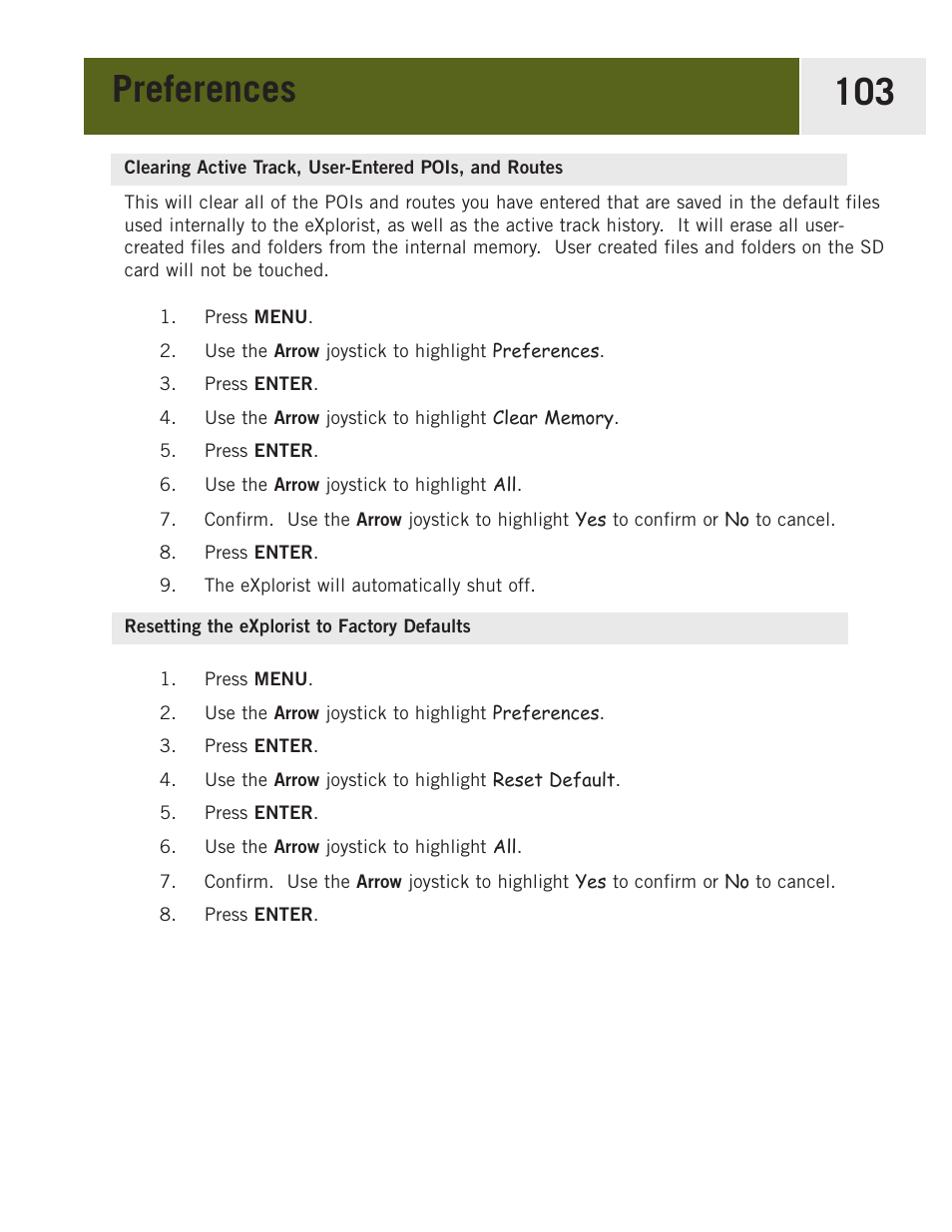 Resetting the explorist to factory defaults, Reseting the explorist to factory defaults, Preferences 103 | Magellan eXplorist 400 User Manual | Page 110 / 119