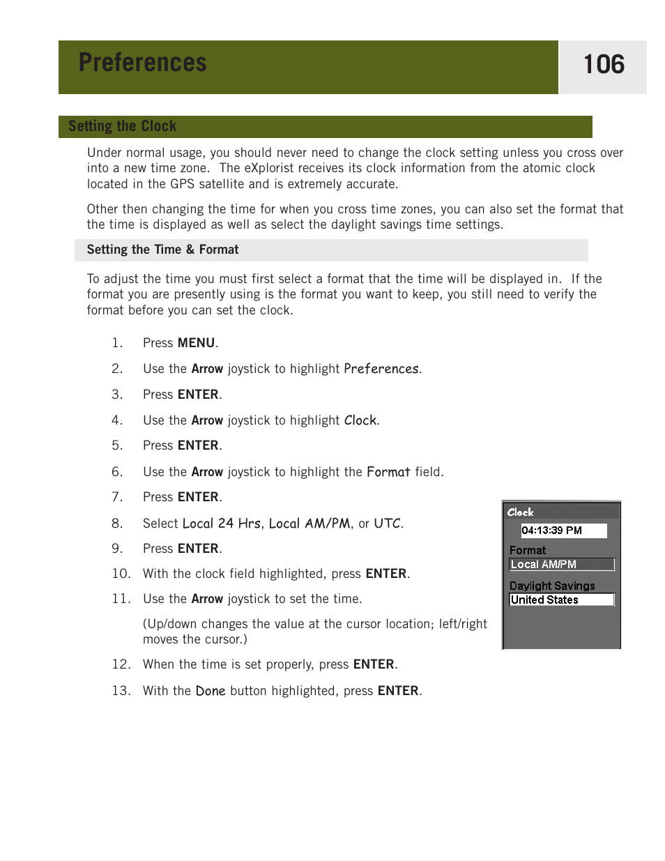 Setting the clock, Setting the time & format, Preferences 106 | Magellan eXplorist 400 User Manual | Page 113 / 119