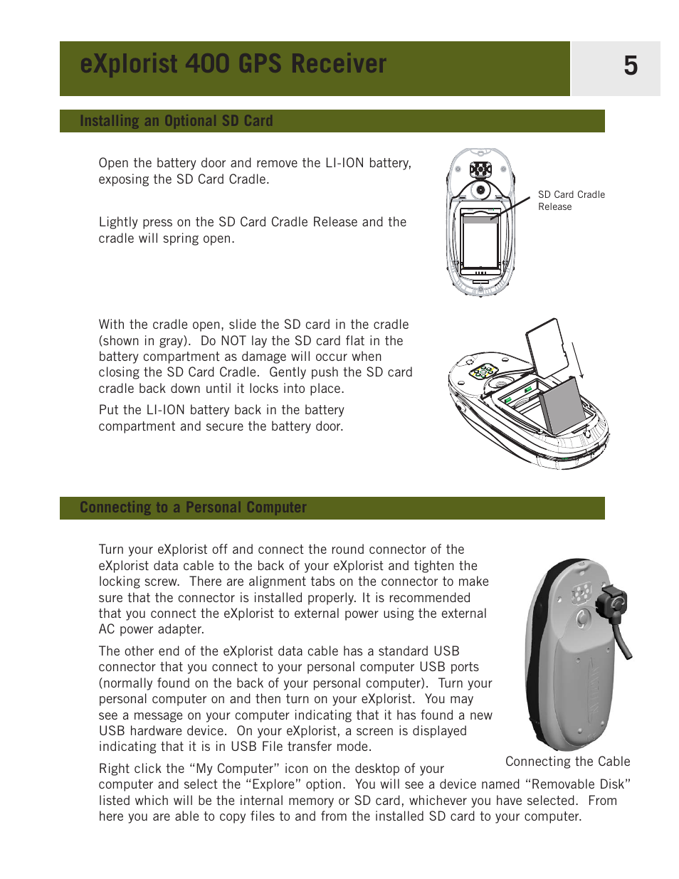 Installing an optional sd card, Connecting to a personal computer, Explorist 400 gps receiver 5 | Magellan eXplorist 400 User Manual | Page 12 / 119