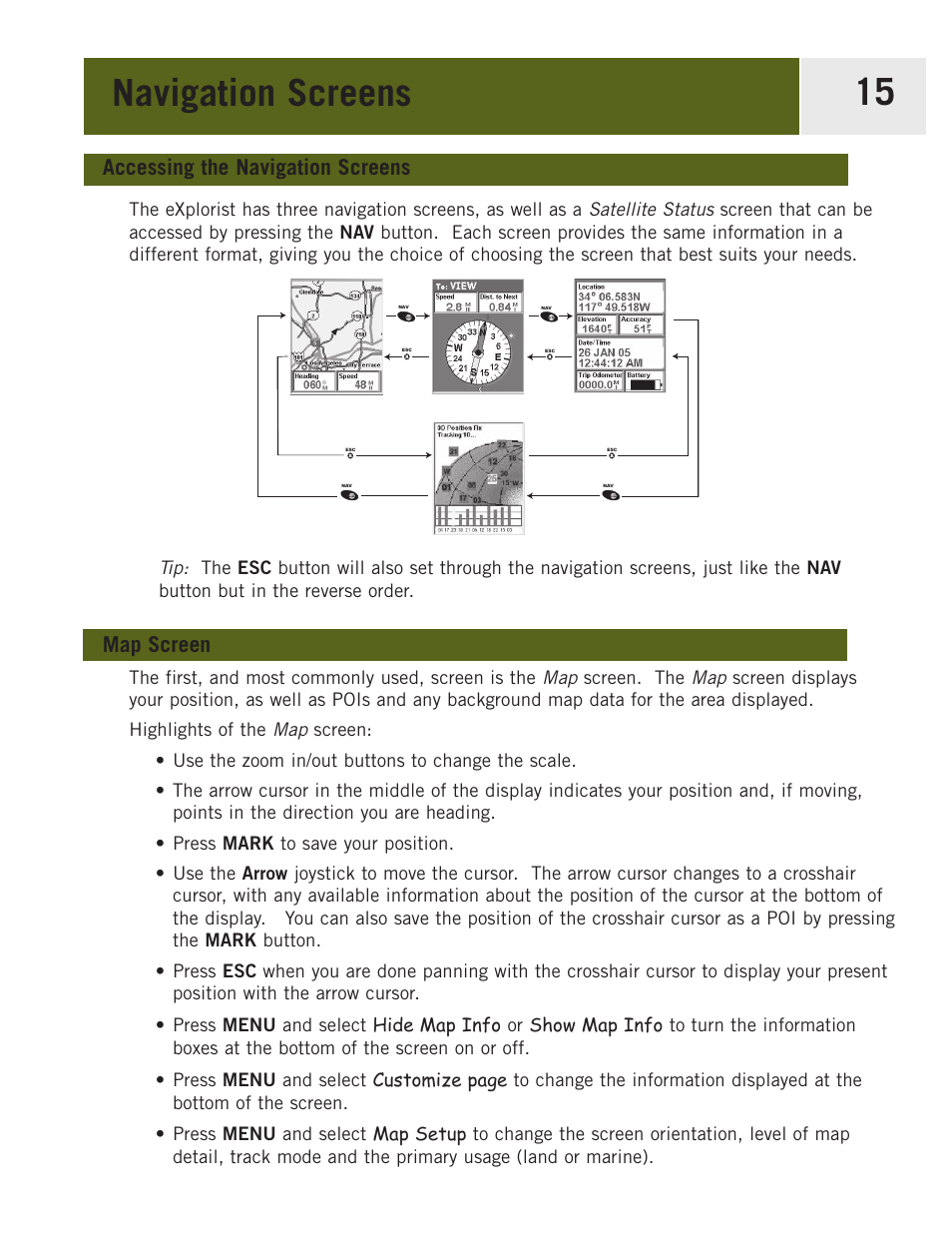 Navigation screens, Accessing the navigation screens, Map screen | Magellan eXplorist 400 User Manual | Page 22 / 119