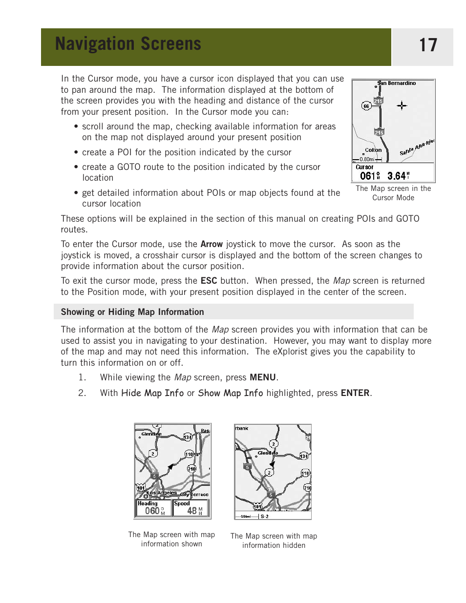 Showing or hiding map information, Navigation screens 17 | Magellan eXplorist 400 User Manual | Page 24 / 119