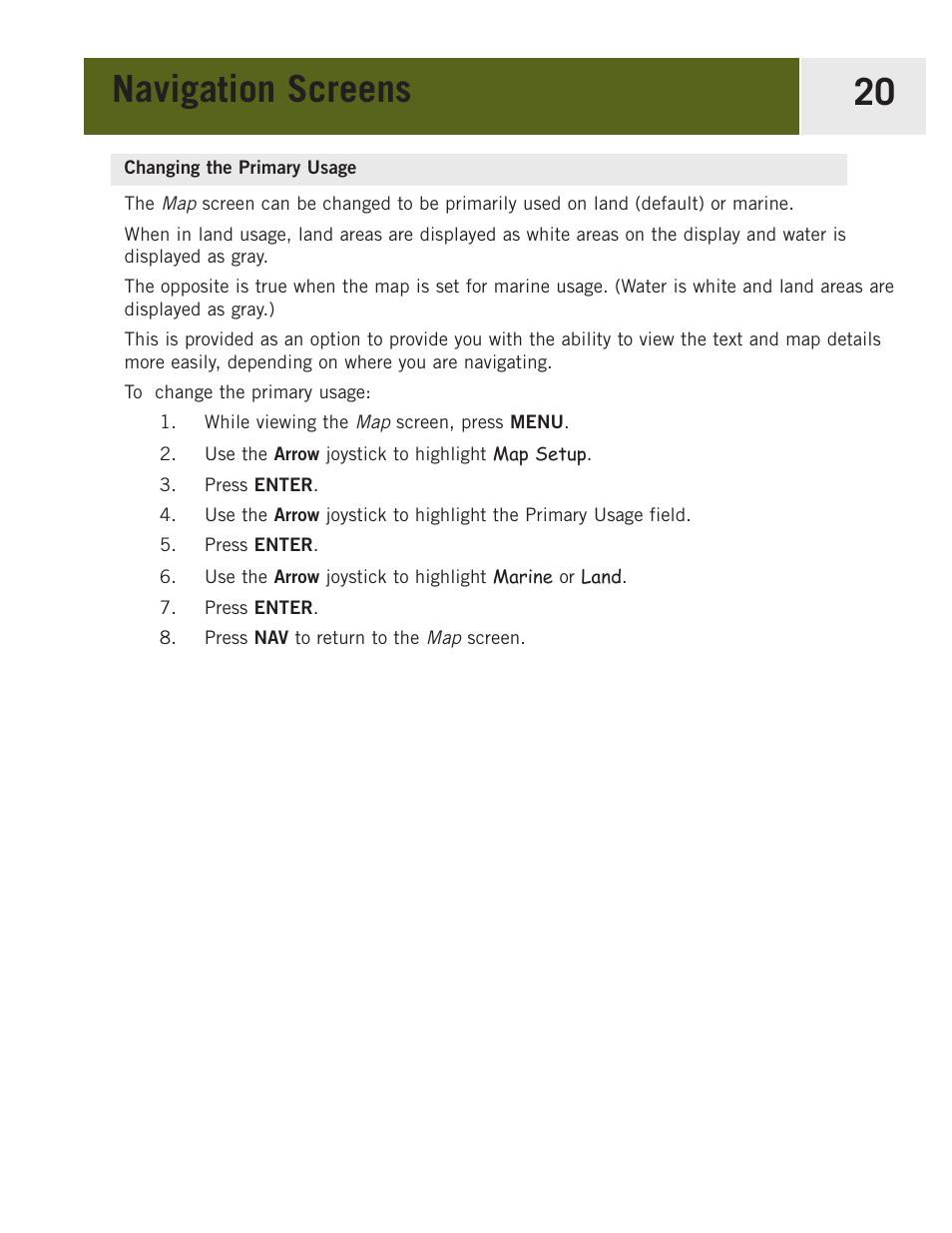 Changing the primary usage, Navigation screens 20 | Magellan eXplorist 400 User Manual | Page 27 / 119